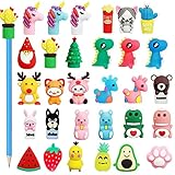LONTOM 30 PCS Pencils Toppers for Kids, Novelty Silicone Animal Pencil Toppers Set, Cute Dinosaur Rabbit Unicorn Pencil Cap, Funny Gift for Homework Rewards School Supplies Party Bag Favors