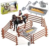 The Magic Toy Shop Horse and Rider Playset with 14 Pieces - Complete with Yard Fence, Trough, Tools - Kids Horse Toys for Boys and Girls, Horse Stable Toys, Plastic Horses, Horse and Stable Play Sets