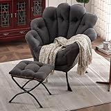 SESHINELL Armchair with Footstool, Accent Chair with Side Pocket & Armrests, Reading Lounge Chair with Ottoman for Bedroom, Living Room, Dressing Room, Grey