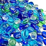 Glass Pebbles 900g (about 210pcs) Round Decorative Stones Coloured Glass Vase Beads Dark Blue Light Blue Transparent and Green Flat Stones about 17-20mm of Diameter Glass Gems for Vases Aquarium