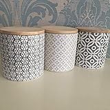 Set of 3 Embossed Ceramic Jars with Bamboo LID Grey Ceramic Storage Jars-Floral