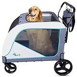 Ownpets X-Large Pet Stroller for Medium-Large Dogs, 4 Rubber Wheels Pushchair with Brakes, Mesh Window, with Storage Bag, Foldable,Easy to Assemble, Max Weight 55KG（Blue&White）
