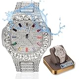 HALUKAKAH Moissanite Diamond Gold Watch for Men - Luxury Platinum White Gold Plated,Basic Waterproof,Extra Big Diamonds Set Dial with Multicolour Gems,Iced Out,24cm Wristband,Giftbox Included!
