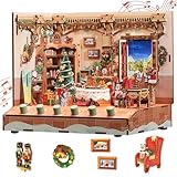 Tonecheer DIY Miniature The Christmas Cottage Mini House Model Kits for Adults to Build 3D Wooden Puzzle with Sound Effects, Mini Room Making Kit Bookshelf Decoration for Women Men