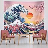 Great Wave Japanese Ocean Wave Wall Art - Cherry Blossom Tree Backdrop Sunset Mountain Hanging Kanagawa for Japanese Living Room Bedroom Decorations (59 x 51 Inch)