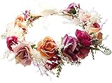 Brikuinr Floral Crown Headband Flower Garland Headband Hair Wreath Hair Garland Flower Halo Floral Headpiece Boho with Ribbon Wedding Party Festival Rosy