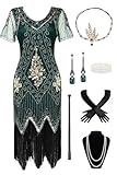 BABEYOND 1920s Women's Flapper Dress with Short Sleeves Gatsby Theme Party Women's Costume Dress Set - DarkGreen