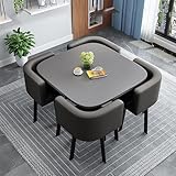 Modern Dining Table Set with 4 Stowaway Chairs for Kitchen Cafe Hotel Living Room Bedroom Office 31.5" Square Table Black and White