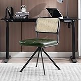 Zesthouse Rattan Desk Chair No Wheels, Mid Century Modern Home Office Chair with Cane Mesh & Wooden Back, Vintage Faux Leather Swivel Accent Chair, Upholstered Armless Computer Task Chair,Green