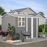 BIRCHTREE Garden Shed Steel Apex Roof House Outdoor Backyard Storage With Lockable Double Doors Window Free Foundation Tool Equipment Organizer Air Vents 8x6FT Grey