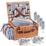 Ovshnrr Picnic Basket for 4 Persons, Wicker Picnic Basket with Insulated Cooler Compartment, Waterproof Picnic Blanket & Cutlery Set, Wicker Picnic Hamper for Camping, Outdoor, Party, Beach, Blue