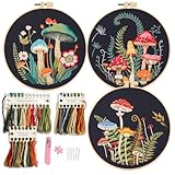 Myfelicity Embroidery Kit with Mushroom Patterns, 3 Hoops, Fabric, Threads, Needles, Instructions (red)