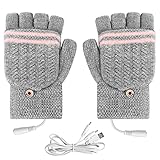 USB Heated Gloves, Heating Mittens Hand Warmers for Women, Winter Electric Warming Gloves Knitted Heating Hands Full & Half Fingerless Washable, for Laptop Gaming Typing Office (Grey)