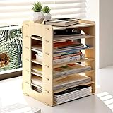 PUNCIA 7 Tiers Widthways Wood Office Paper Organizer for Desk Desktop File Holder Stackable Letter Tray A4 Paper Sorter Document Book Magazine Mail Storage Shelf Rack Desk Literature Organizer
