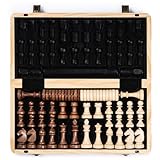 A&A 15" Magnetic Wooden Chess Set/Folding Board / 3" King Height German Knight Staunton Chess Pieces/2 Extra Queen