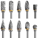 Tungsten Carbide Steel Double Cut Rotary Burrs Set for Rotary Tool, 10pcs 1/8 inches Shank Fits Rotary Tool for Grinder Drill, DIY WoodWorking Carving, Metal Polishing, Engraving, Drilling