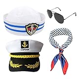 SKHAOVS 4Pcs Captain Sailor Set - Navy Sailor Hat, Boat Hat, Scarf, Sunglasses - Dress Up Party Costume for Kids, Adults, Men, Women (4Pcs)