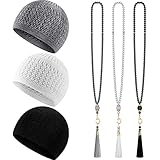 Jiuguva 6 Pieces Kufi Hats for Men Muslim and Muslim Prayer Beads Set Include 3 Handicraft Knitted Muslim Hat Stretchy Taqiyah Cap and 3 Muslim Tasbih 99 Beads Muslim Ramadan Gifts, Multicolor/White,