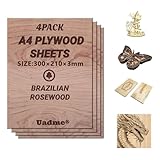 Uadme Plywood Sheets, A4 3mm 4 Pack Wood Burning Model Making Laser Ply Material, Unfinished Wood for Woodcraft Model, Crafts, Painting, Engraving, Stenciling (Brazilian Rosewood)