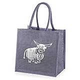 Medium Jute Grey Shopping Bag with Highland Cow Print - 30 cm high x 30 cm Wide x 23 cm Depth