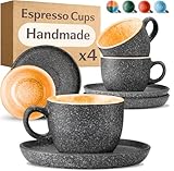Cosumy Espresso Cups and Saucers Set of 4 - Ceramic Demitasse 90ml Extra Thick - Keeps Coffee Warm Longer - Handmade Reactive Glaze - Microwave and Dishwasher Safe