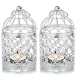 Nuptio 2 Pcs Decorative Candle Lanterns Bird Cage Metal Hollow Out Decorative Birdcage Iron Christmas Candle Holder Hanging Lantern, Silver Tea Light Lantern Holders for Wedding Party Halloween