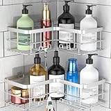 Yazoni Corner Shower Caddy, Adhesive Shower Organizer Corner, Bathroom Shelves Shampoo Holder with Hooks, Rust-proof Stainless Steel (Silver)