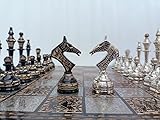 14" Handcrafted Russian Soviet Series Metal Chess Pieces & Board Set with Velvet Storage Box | Brass Metal Luxury Chess Set