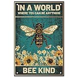 SUPERDANT Garden Metal Signs Bee Tin Sign Bee Flower Signs and Plaque Funny Poster Be Kind Sign Metal Wall Plaques for Man Cave Home Outdoor Vintage Decor 20x30cm