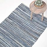 HOMESCAPES 100% Recycled Blue Denim Chindi Rug Handmade Eco Friendly Real Denim Striped Rug, 70 x 120 cm