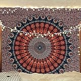 Bless International Indian hippie Bohemian Psychedelic Peacock Mandala Wall hanging Bedding Tapestry (Golden Blue, King (88x104Inches)(225x265Cms))