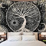 Dremisland Tree of Life Trippy Mandala Wall Tapestry - Sun and Moon Black Galaxy Stars Bohemian Aesthetic Wall Hanging for Bedroom Home Decor (L/148X200cm(58"X79"), Black)