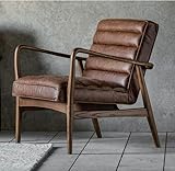 Vintage Danish Armchair Mid Century Style Seat Industrial Sofa Chair Accent Leather Living Room Office Lounge Furniture Scandinavian Solid Oak Wood Frame (Vintage Brown)