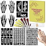 126 PCS Temporary Tattoos Stencils Kit,Temporary Tattoos Kit - 6 Pcs Tattoo Cones 2 Color (Brown Black) with Gloves,DIY Body Art Skin Painting Designs for Women Men Adults Kids
