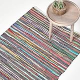 HOMESCAPES - 100% Recycled Cotton Chindi Rug Multi Coloured Stripes on White Base (70 cm x 120 cm)