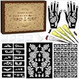 Temporary Stencils Tattoos Kit, 4 Pcs Tattoo Cones 3 Color (1 Black 2 Maroon 1 Cherry Red) with Gloves Brush Tool,DIY Body Art Skin Painting Designs Fun for Family Friends Party Gifts