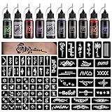 STIGMA Temporary Tattoo Kit 10 Bottles Color Inks, 84 Pcs Stencils Kit for Body Paint DIY Tattoos Temp, DIY Fake Tattoo for Women Kids (Black*2, Cyan, Red, Green, Blue, Purple, Brown*2, Orange)