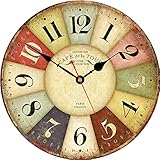 VIKMARI 14 Inch Silent Non-Ticking Wall Clock Retro Arabic Numerals Decorative Round Wooden Wall Clocks Home Decor Paris French Style Clock Battery Operated Indoor Rustic Clocks